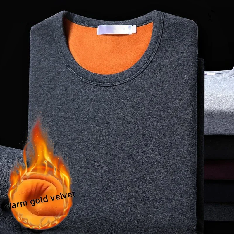 تي شيرت رجالي حراري من الصوف الذهبي بأكمام طويلة ورقبة دائرية مبطن بالصوف طبقة قاعدة سميكة قميص داخلي دافئ ملابس داخلية بلوفر #1