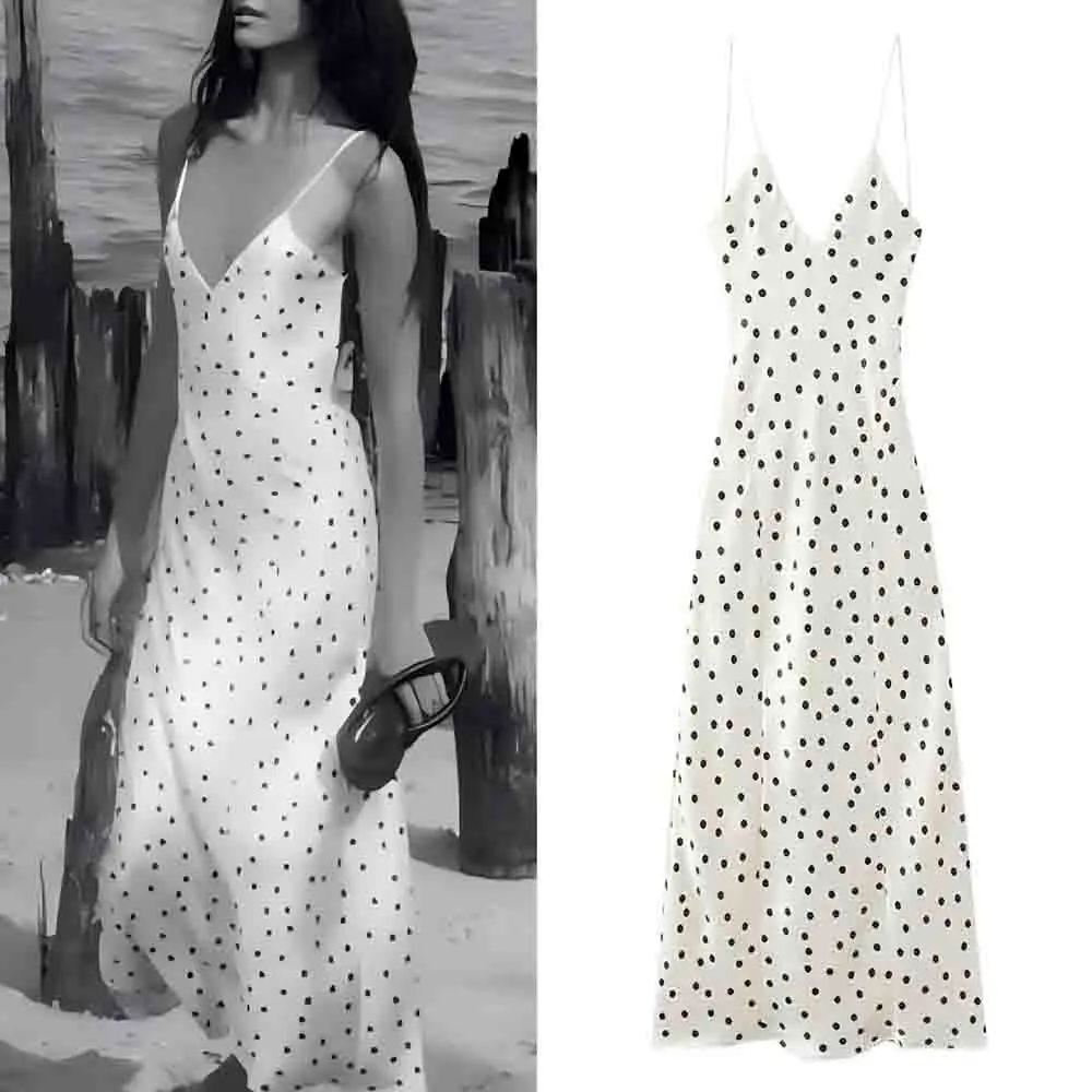 

Women's new fashion backless design slim satin texture polka dot V-neck MIDI dress retro Thin shoulder strap women's dress