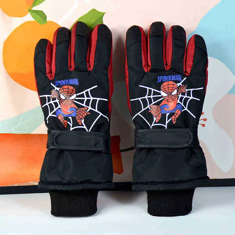 Marvel Spiderman Children's Ski Gloves Winter Warm Fluffy Thick Cute Cartoon Children Windproof Bike Kids Gloves Christmas Gift