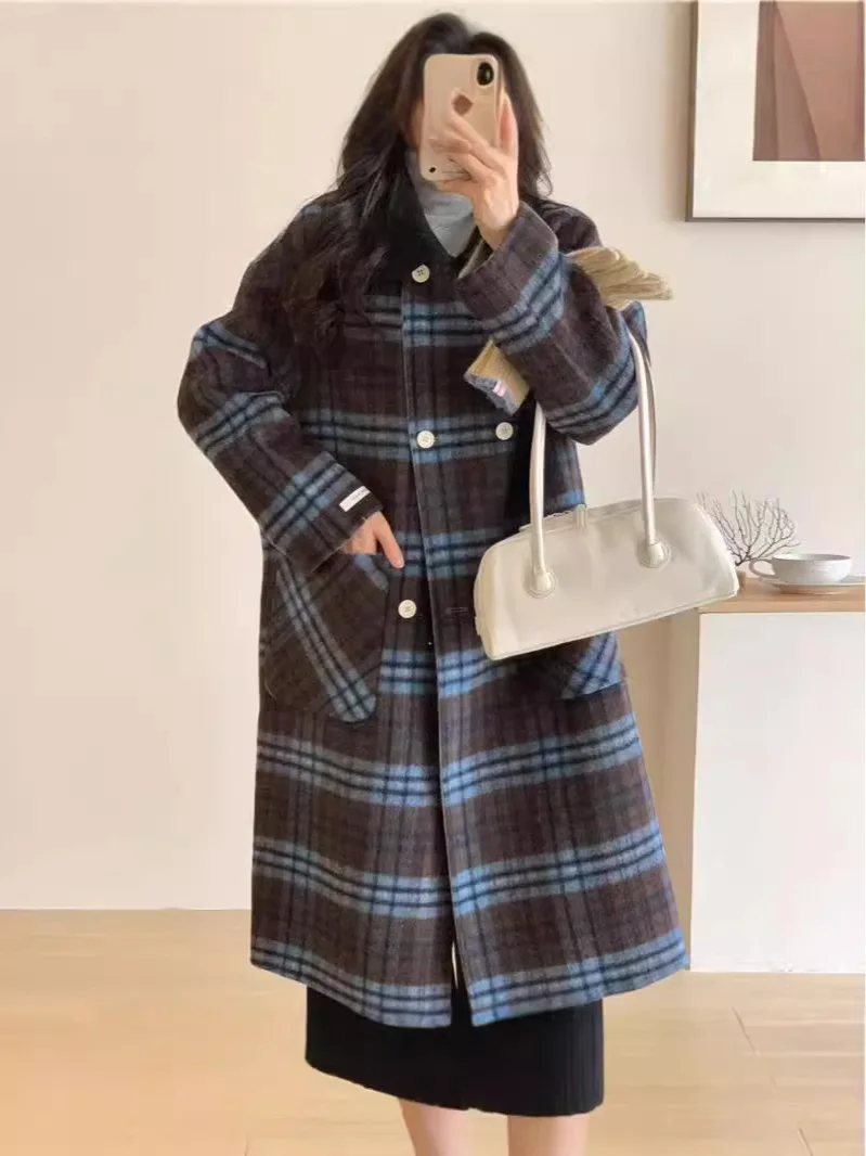 High-end Feel  Grid Lamb Wool Coat Women's Medium-length Woolen Jacket New 2024 Korean Style Autumn/winter Overcoat