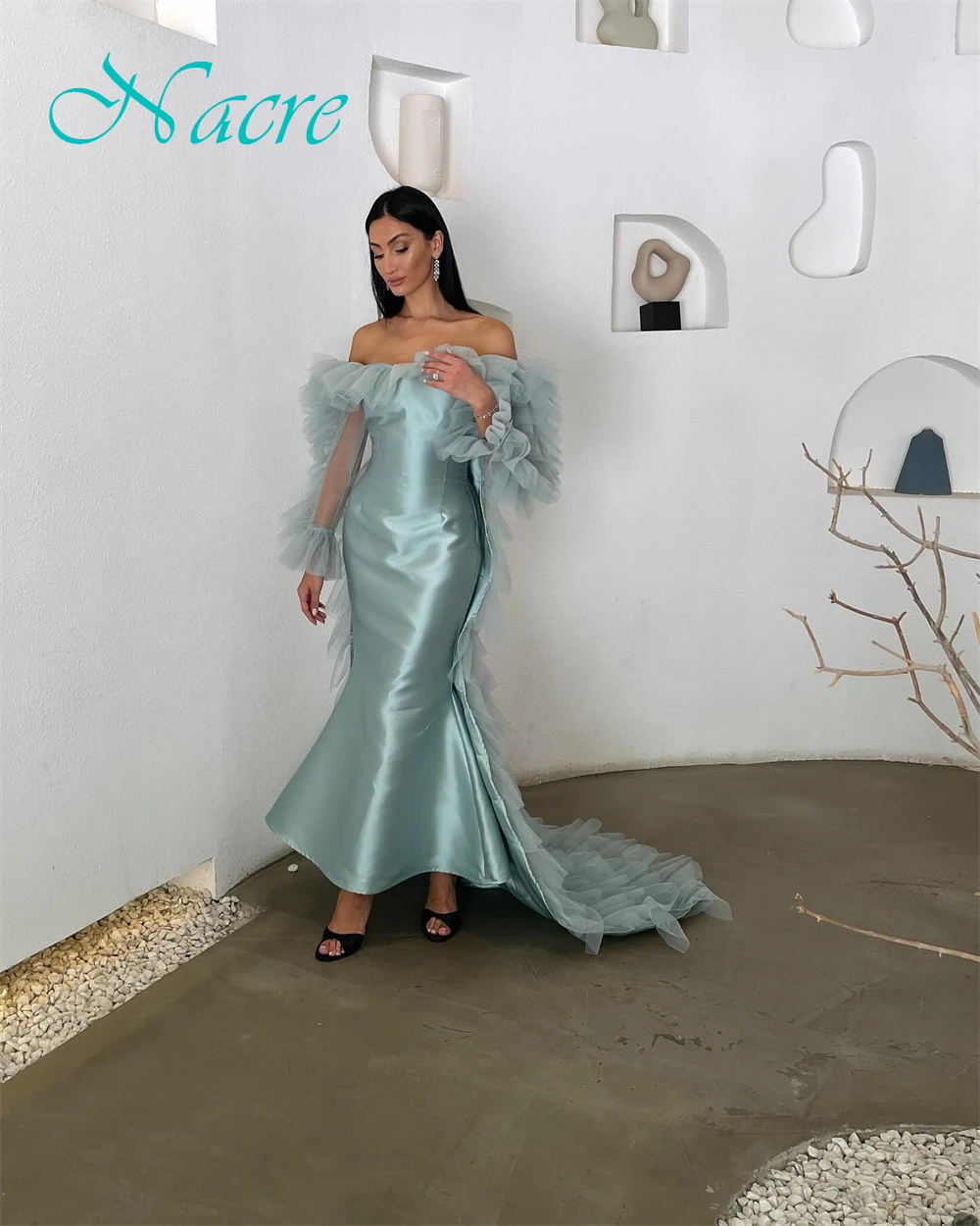 Customized Modern Satin Mermaid Evening Dress Delicate Boat Neck Prom Dresses Temperament Watteau Train Special Occasion Gowns