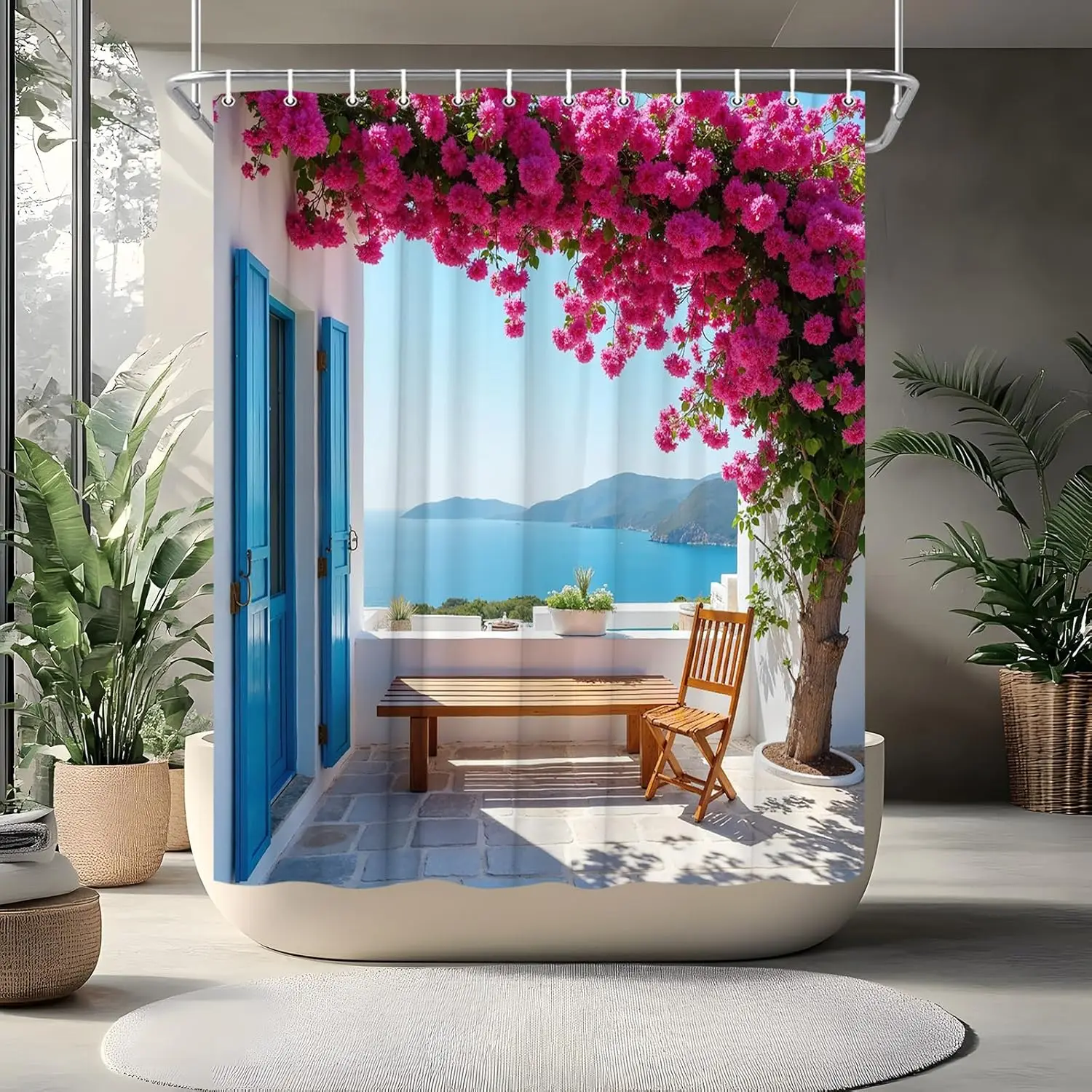 

Coastal European Shower Curtain Ocean Greece Natural Landscape Mediterranean Spring Rustic Purple Floral Vine City Town Bathroom