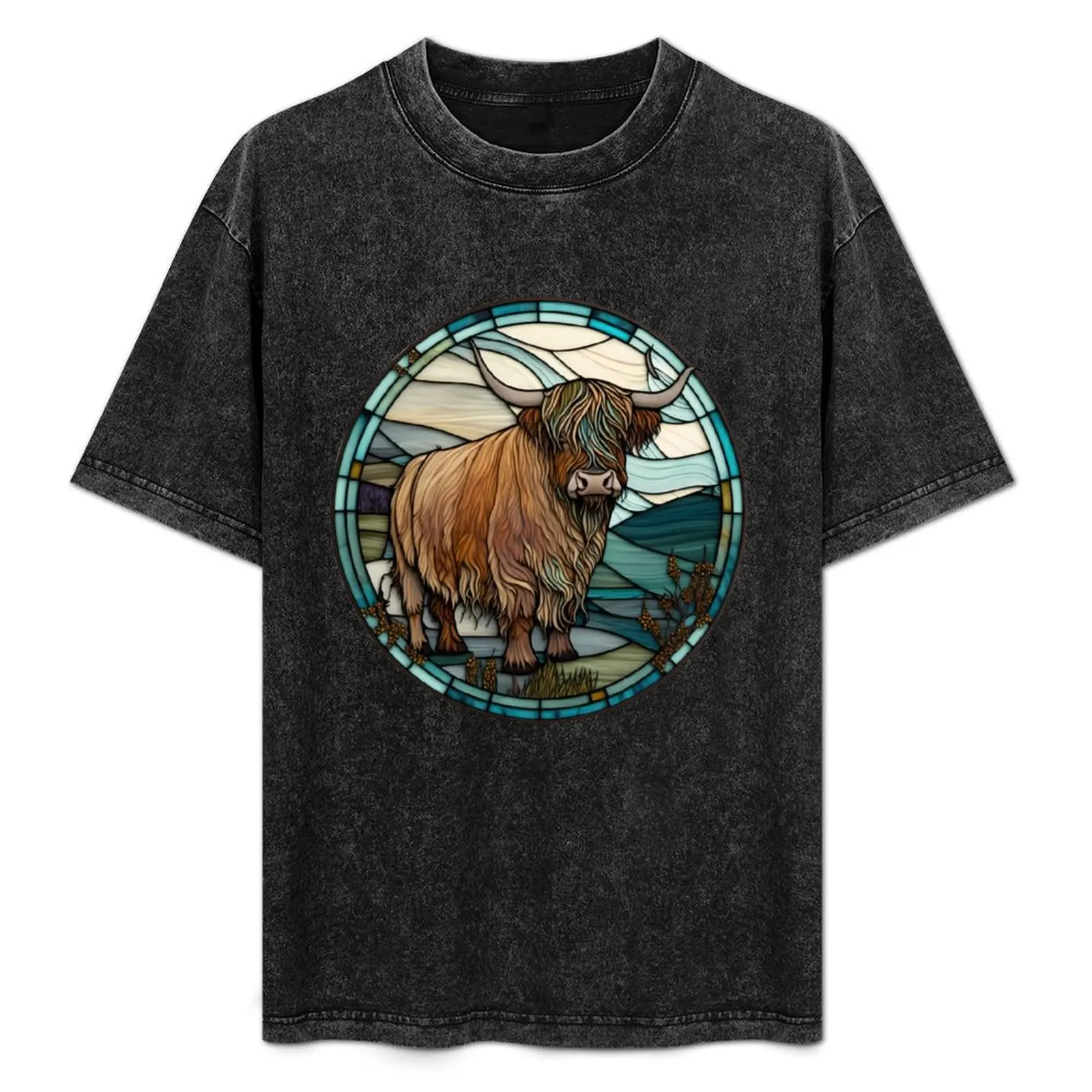 Highland Cow from Scotland in Stained Glass Scottish Hairy Cow Longhorn T-Shirt cute clothes oversized t shirt men