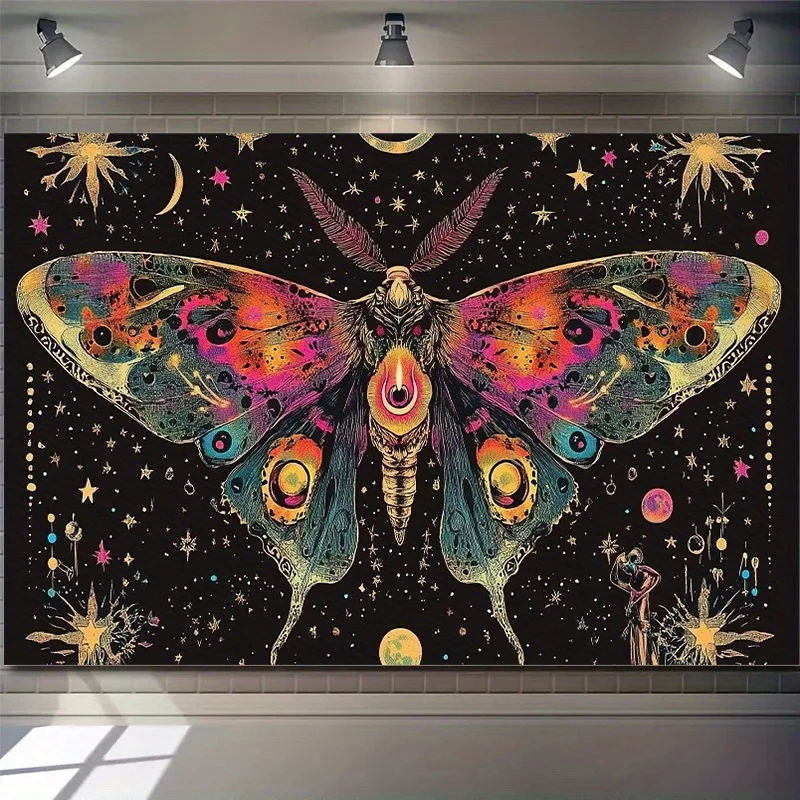 Colorful Cosmic Moth Wall Tapestry Psychedelic Space Art Decor for Bedroom Living Room Boho Mystical Night Sky Backdrop
