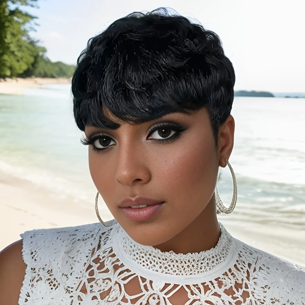 

Short wave Pixie Cut Wig with Bangs Natural Look for Daily Wear Short Hair Wig Machine Made Wig
