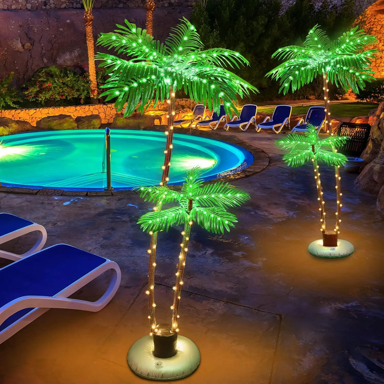 Bar, swimming pool, deck, outdoor decoration, courtyard, tropical party, Christmas with LED artificial fake tree lights