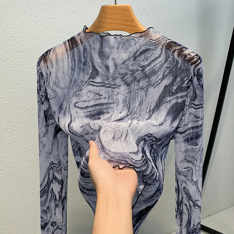 

Женская сетчатая блузка с воротником-стойкой 2023: Новая модная женская одежда с трендовым принтом тай-дай и прозрачным верхом