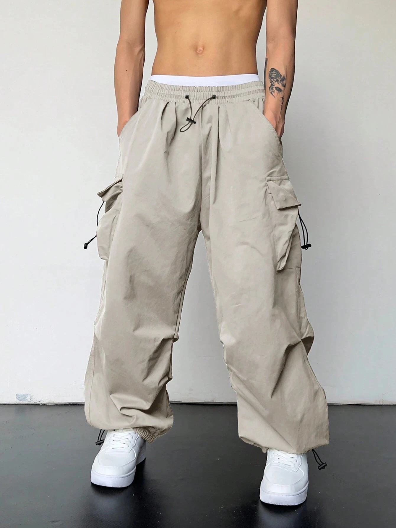 Spring Summer Solid Color Cargo Pants Casual Streetwear Wide Leg Elastic Waist Multi Pocket High Street Drawstring Workwear