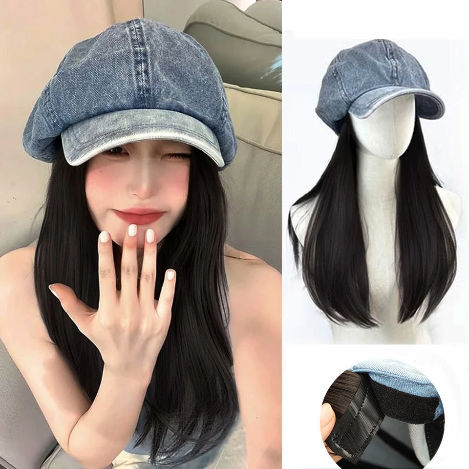 Women's Beret Wig Synthetic Long Long Straight Hair  Hat Wig Hat One-piece Wig Classic Beret Style Fashionable