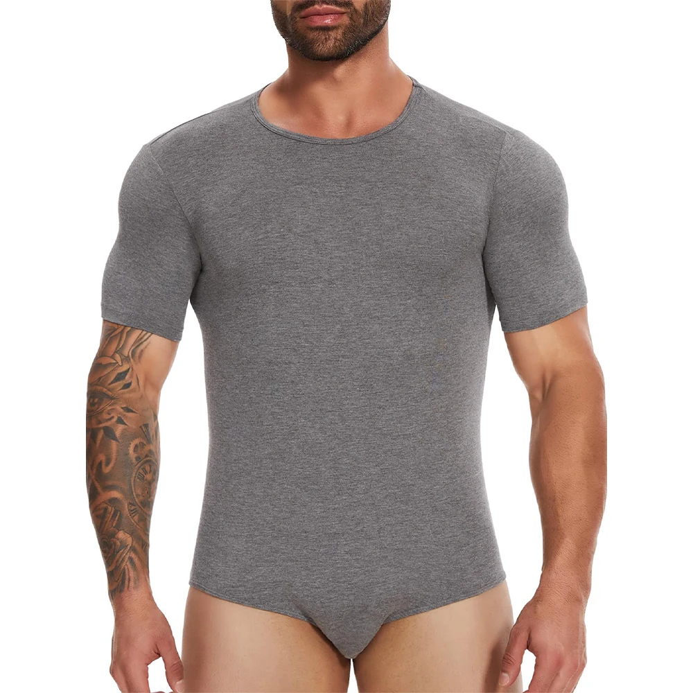 Men Short Sleeve Bodysuit Press Botton Crotch Shirt Pajamas Bodysuit Undershirts Leotard Top image 4