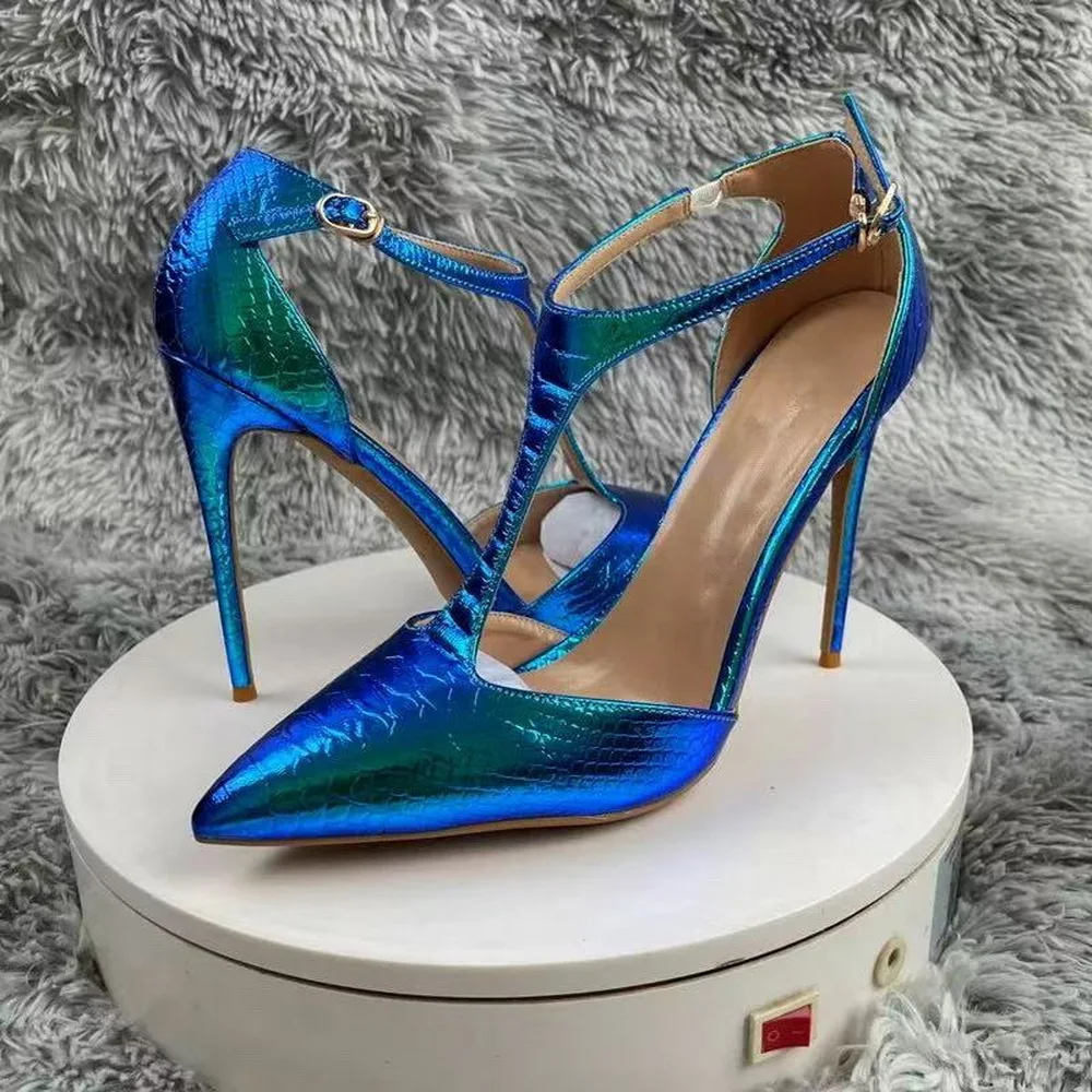 Sandales à talons hauts de 12 cm, chaussures d'été en cuir aux couleurs laser, bout pointu, sangle en T sur le devant, violet, bleu, taille 34-45, livraison directe