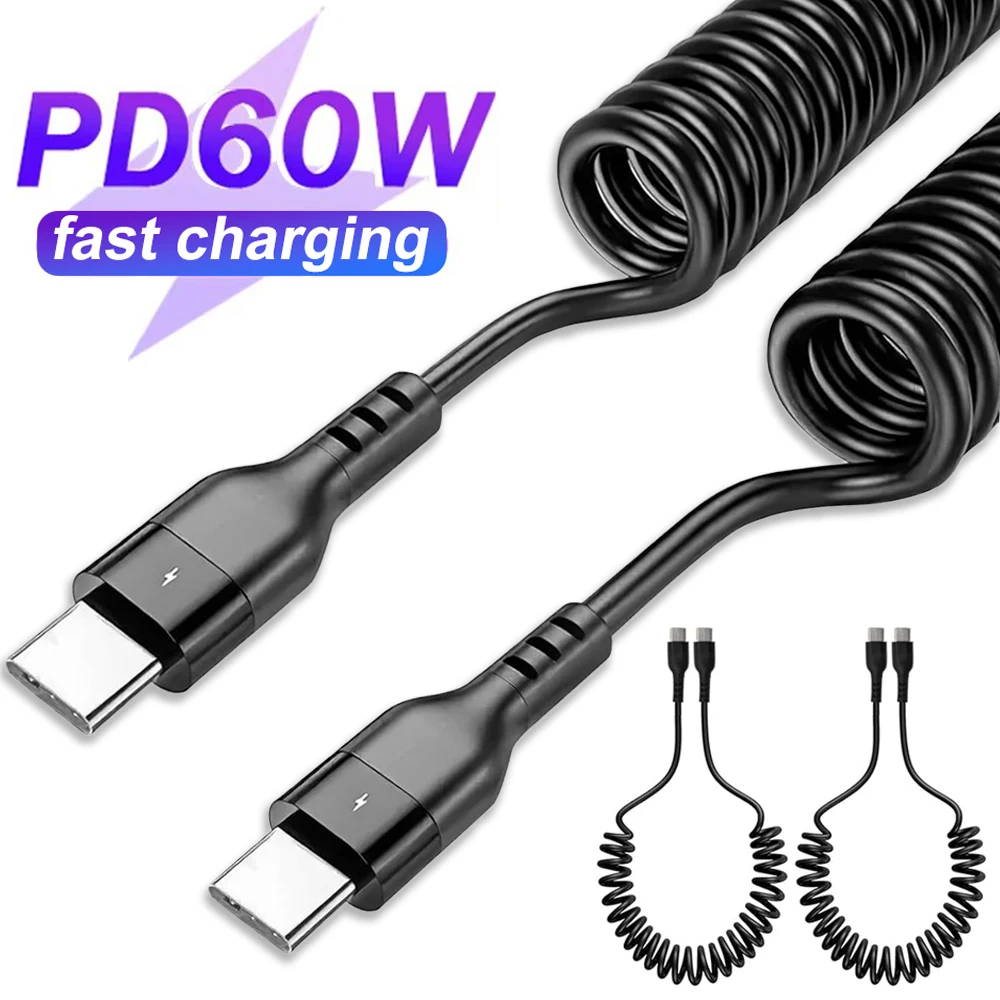 2/1PCS USB C To Type C Retractable Coiled Cables PD60W High-speed Quick Charging Car Charger Cord Spring Wire for IPhone Samsung