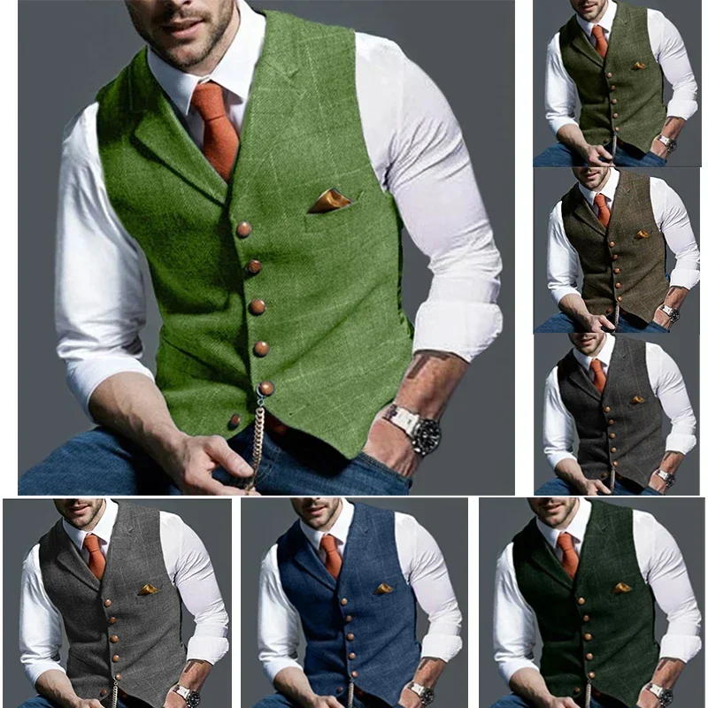 

Men's Casual Classic Suit Vest Retro Herringbone Lapel Cotton Blended Tweed Slim Business Commuter Suit Lined Vest S-3XL