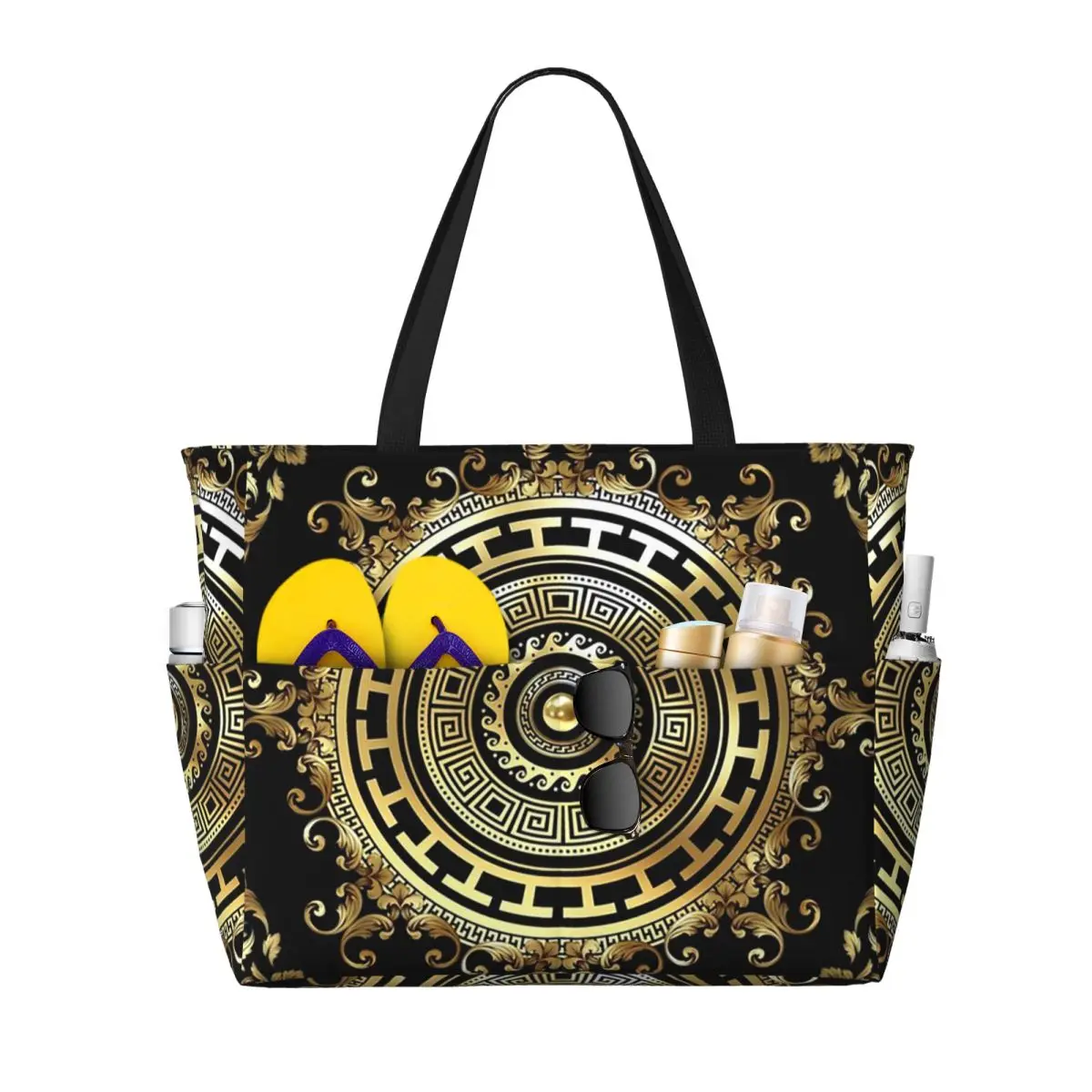 

Greek Keys Black Gold Medallion Meander Baroque Beach Tote Bag Sport Gym Yoga Duffle Large Tote Bag Women Travel Bag Fitness bag