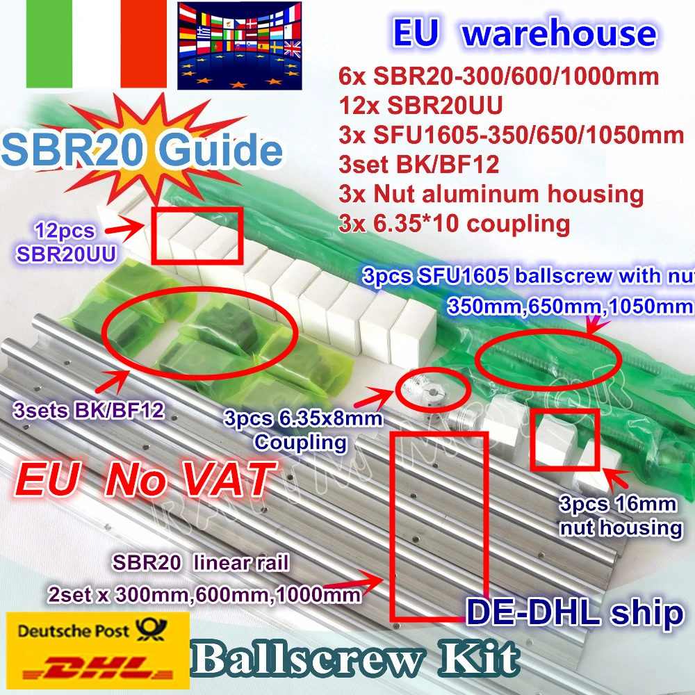 

EU ship 3 sets ballscrew SFU1605-350/650/1050mm+3 set BK/BF12+3 sets SBR20 Linear rails Kit +3 couplers for CNC Router Milling