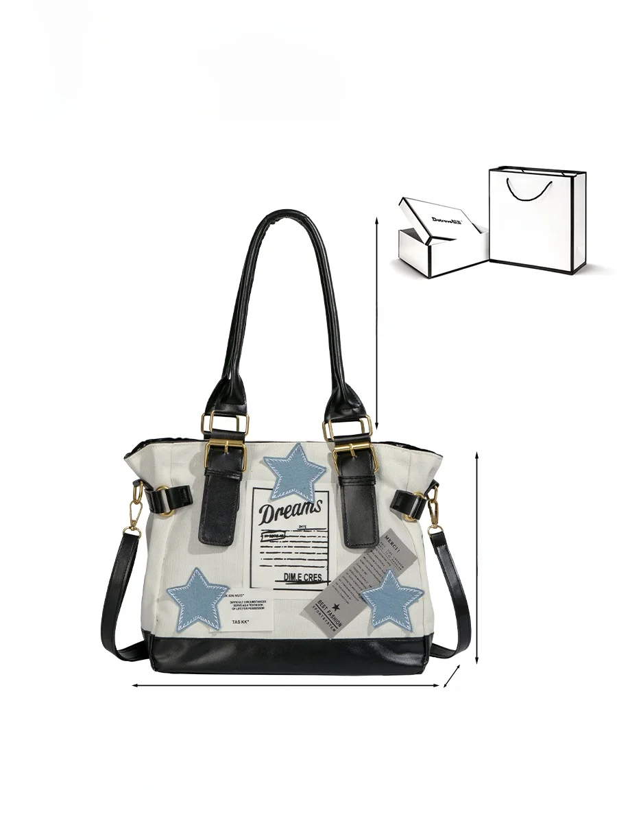 Original Y2K Star Canvas Tote Bag Women's Large Capacity Commuter Single Shoulder Bag Fashionable Versatile Daily Use Hobo Bag