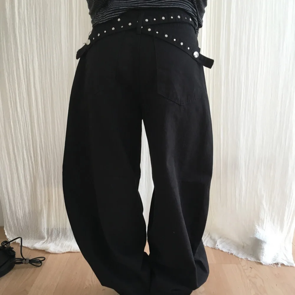Chic Korean Style High Waist Wide Leg Denim Jeans Women's Cross Waist Knife  Black Long Pants Asymmetrical Casual Jeans