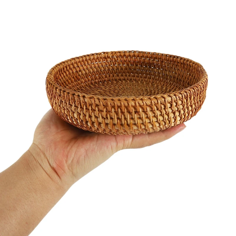 3X Handmade Autumn Rattan Weaving Round Storage Basket Fruit Dish Rattan Bread Basket For Kitchen Food Mini Container