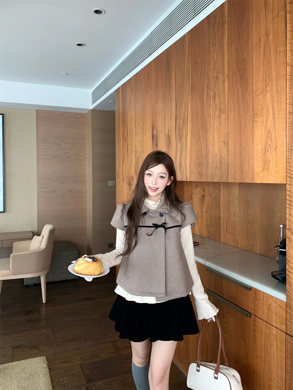

Retro Plaid Collar Jacket T-Shirt Half Skirt Three-Piece Set Women's Summer Fashion Outfit Short Sleeve Straight Cut Dress