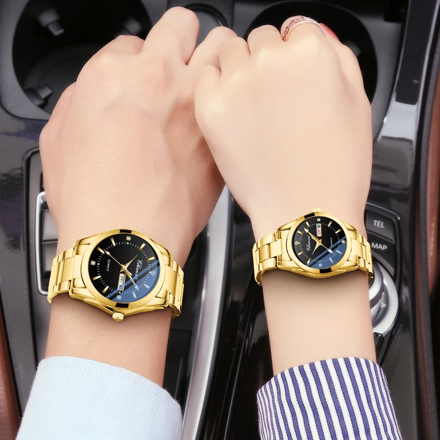 CHENXI Watches Sets Golden Stainless Steel Strap Fashion Dress Watch for Men Waterproof Luxury Couple Watches Pair Men And Women