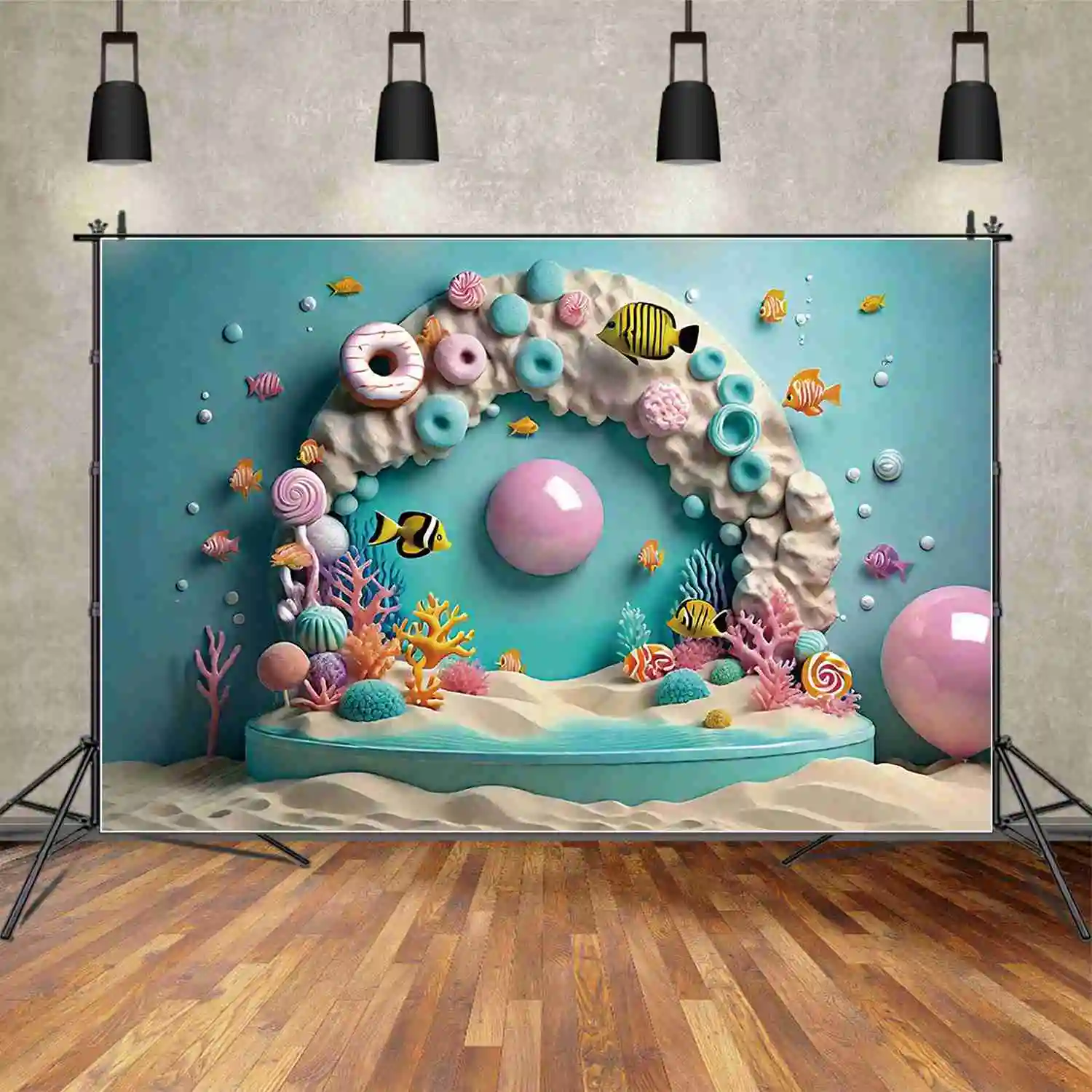 

MOON.QG Blue Ocean Candy Wall One Birthday Background Children's Doughnut Beach Summer Backdrops Custom Party Photocall Props