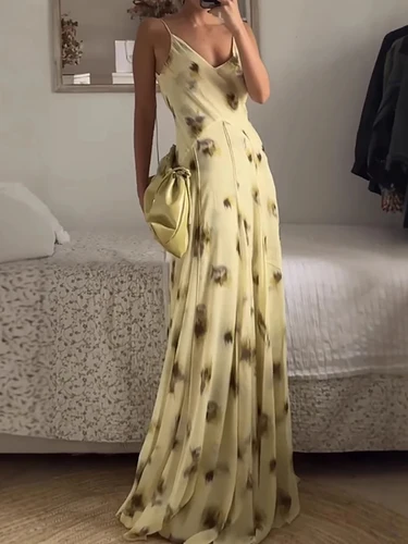 Vestido de banquete plisado sin mangas para playa, vestido Sexy de fiesta con cuello en V para mujer, nuevo vestido Maxi con tirantes de cintura alta con estampado Floral 2025