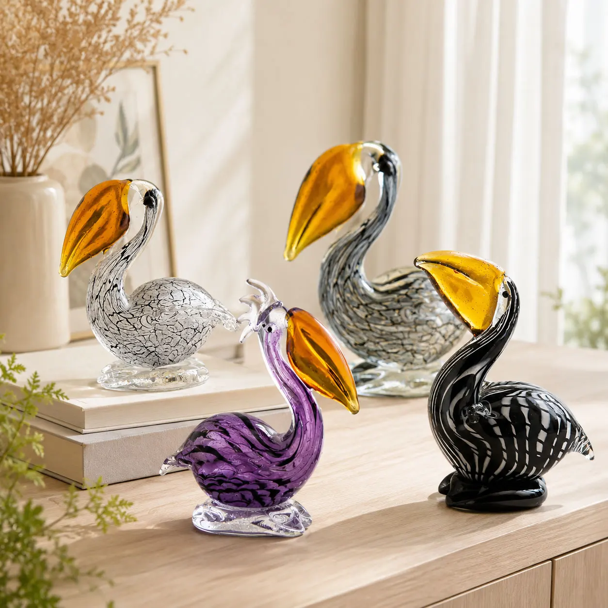 Handmade Art Glass Pelican Figurine Colorful Bird Sculpture Desktop Ornament Home Office Decor Collectible Animal Gift
