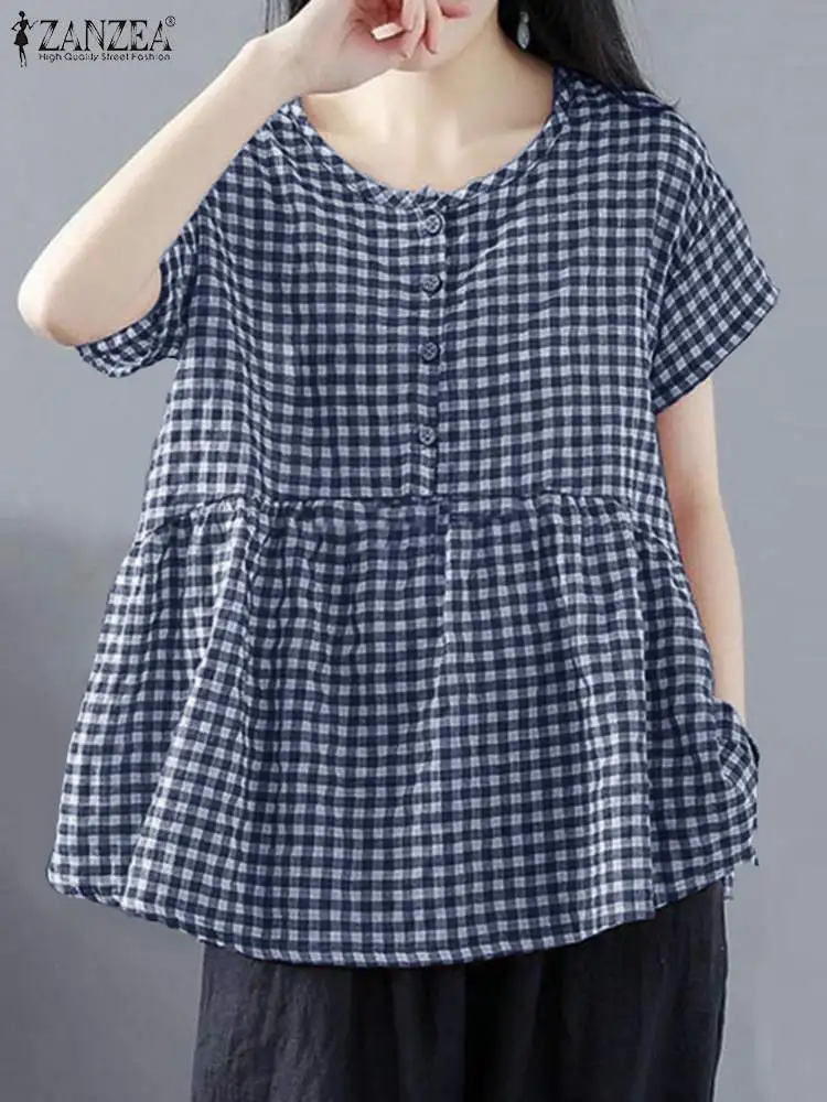 ZANZEA Summer Vintage O Neck Short Sleeve Shirt Casual Loose Tunic Tops Retro Plaid Checked Blouse Women Party Holiday Blusas