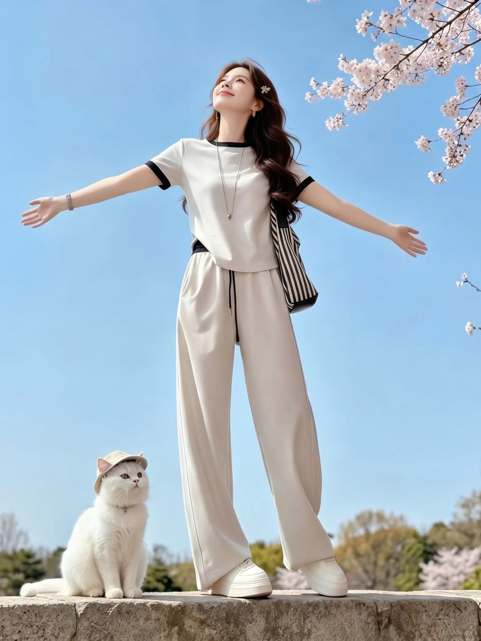 

Summer New Women's Fashion T-shirt And Wide Leg Pants Set Color Block Design Slimming Effect Breathable Lightweight Casual Wear