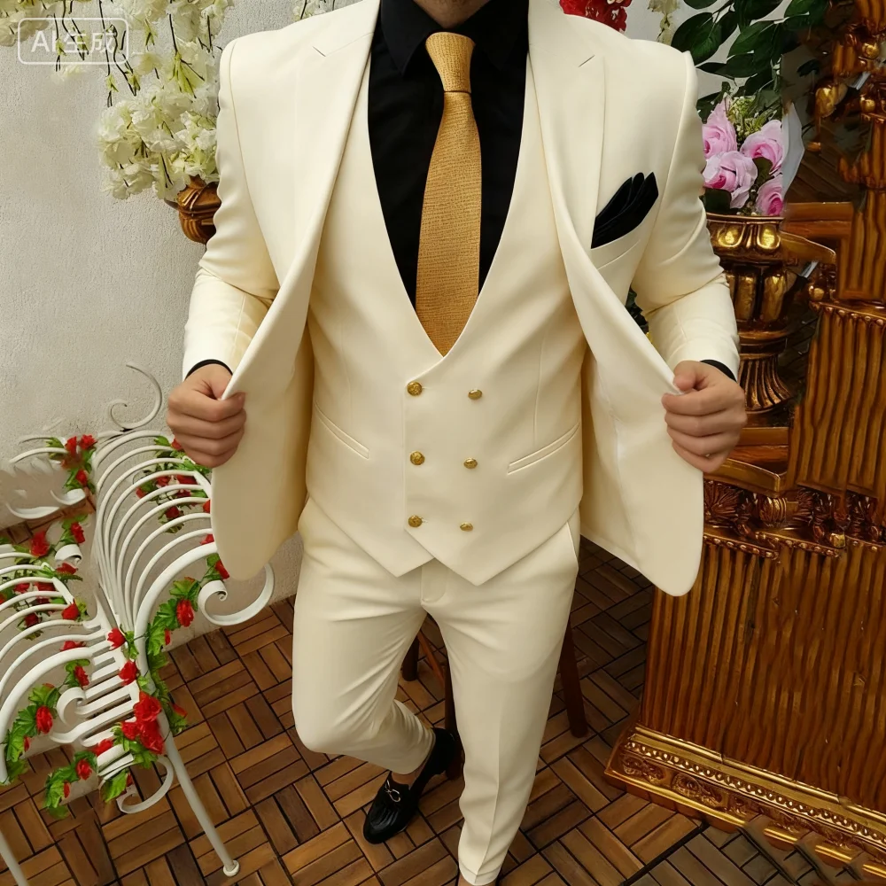 

3-Piece Men's Smoking Suit White Tuxedo Wedding Outfit with Jacket Design New Men's Clothing Blazer Set