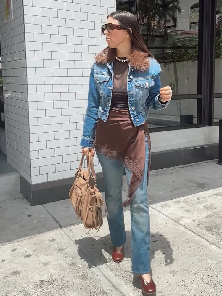 

Blue Casual Faux Fur Patchwork Denim Jacket Women Chic Lapel Single Breasted Full Sleeve Short Jackets 2026 Lady Street Outwear