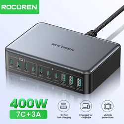 Rocoren 400W 10 Ports GaN Desktop Charger Fast Charging Power Station USB C Type C Quick Charging For iPhone16 15 Pro Samsung