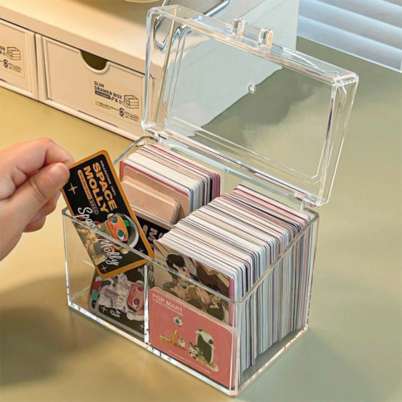 Flip Lid Game Card Organizer With 2 Compartments Acrylic Transparent Card Holder Postcards Case Empty Storage Box 12x10.5cm