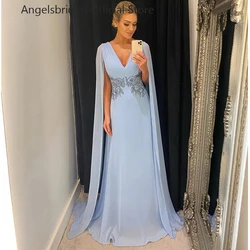 Angelsbridep Elegant Light Blue Chiffon Prom Dresses Long Cape Sleeves V Neck Lace Applique Floor Length Evening Gowns For Women