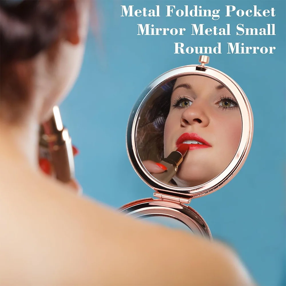 مرآة مكياج محمولة معدنية متينة للسيدات أداة تجميل خارجية عالية الوضوح مرآة مزدوجة الجوانب نمط حروف زهرية سوداء