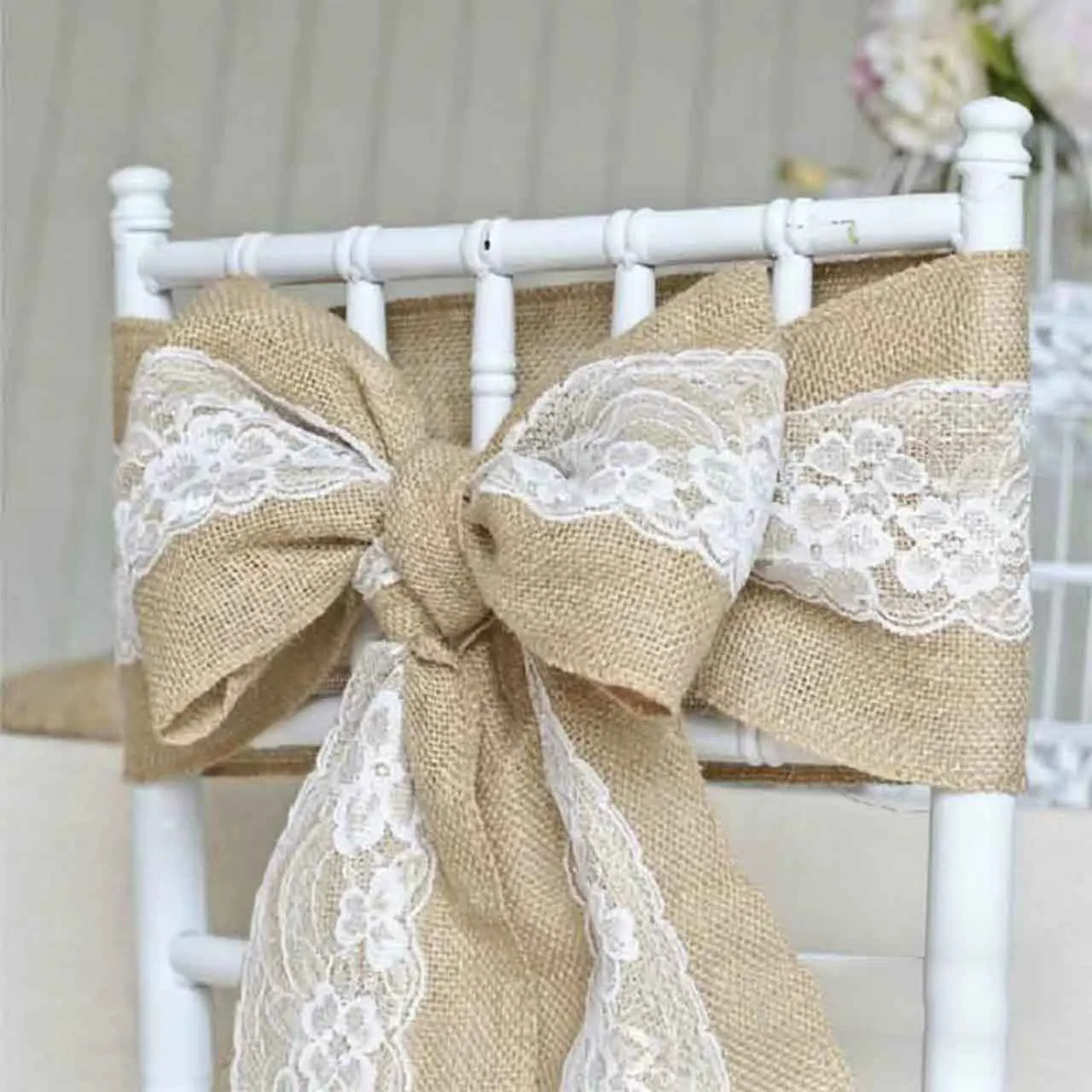 

Linen Chair Back Decoration Bow Birthday Christmas Party Desk Lace Chair Back Yarn Wedding Venue Decoration Table Flag 2.4m/Roll