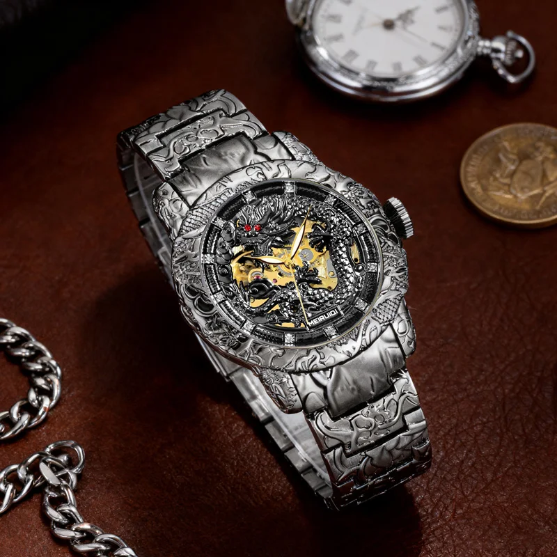 A Men's Black Fashion Style Creative Black Dragon Carved Fully Automatic Mechanical Watch view 4