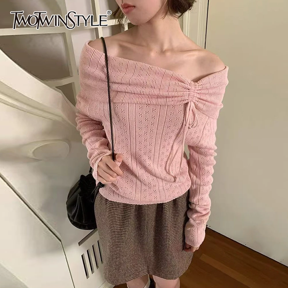 TWOTWINSTYLE Solid Spliced Drawstring Sweater Female Slash Neck Long Sleeve Loose Korean Sweet Women's Sweaters Autumn Fashion