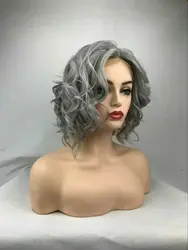 Shoulder Length T Part Lace Front Wigs Synthetic Curly Wig Wavy Gray Short Woman