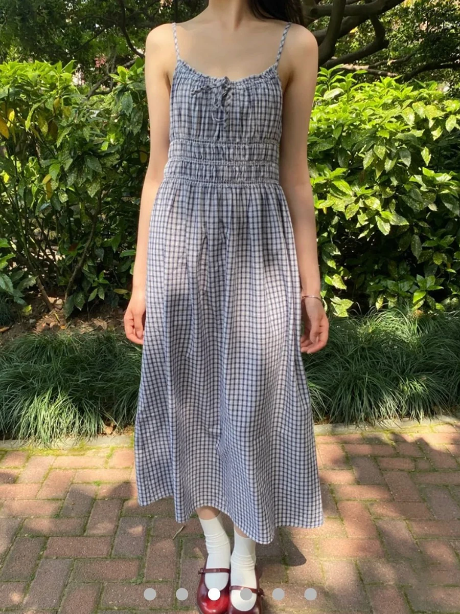 Abito longuette vintage scozzese blu scuro Donna Estate Elastico in vita A-line in cotone con volant Lace-up Vestido Dolce e carino Abiti lunghi con camicette Nuovo