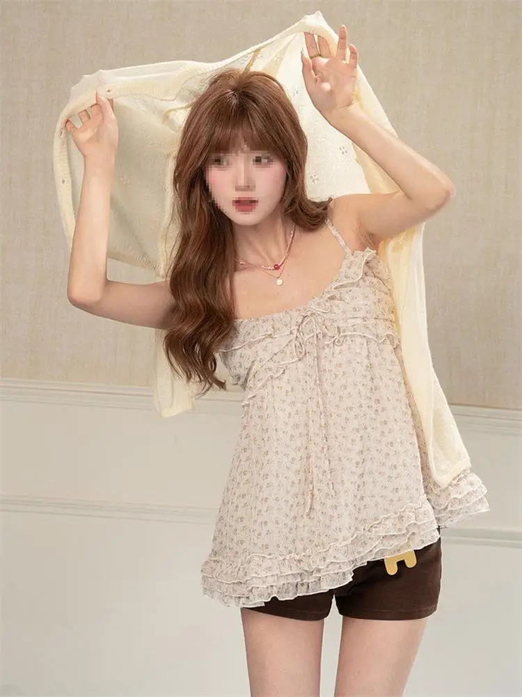 Early Spring Floral Print Knitted Crop Top And Cardigan Two-Piece Set for Trendy Girls Lightweight Breathable Casual Wear