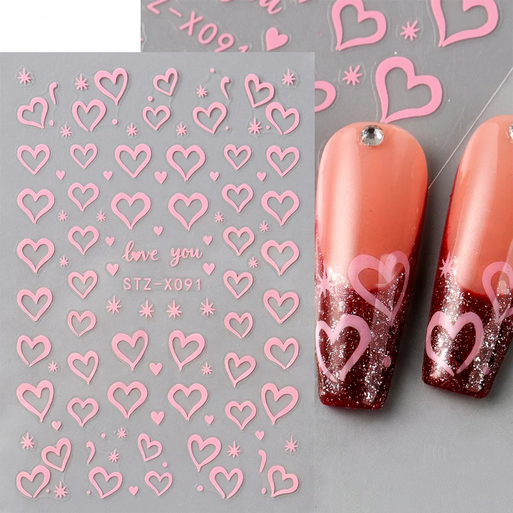 1pcs 3D Lovely Pink Heart Nail Stickers Handpaint Valentine Love Heart Designs Self-adhesive Nail Art Decals Cute DIY Decoration