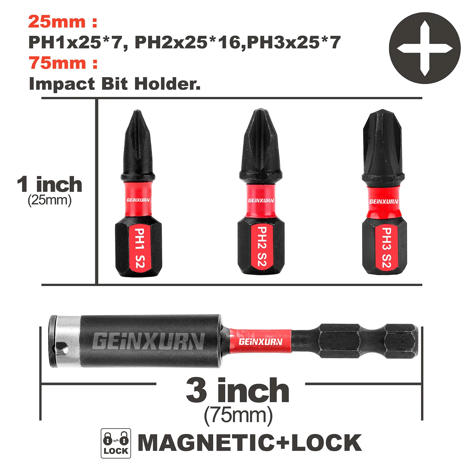 GEINXURN 1Inches Phillips  IMPACT Insert Bit,Screwdriver Bit (PH1/PH2/PH3) with 3Inches Impact Bit Holder