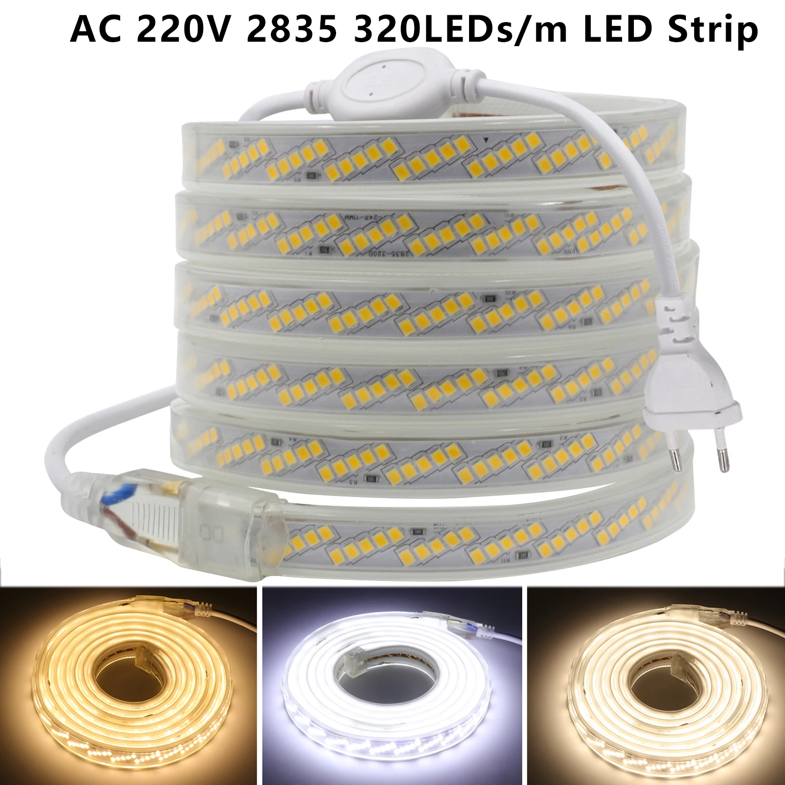 Impermeável LED Strip Light para decoração de casa, corda de fita flexível, SMD 2835, 320LEDs por m, UE e Reino Unido Plug, AC 220V