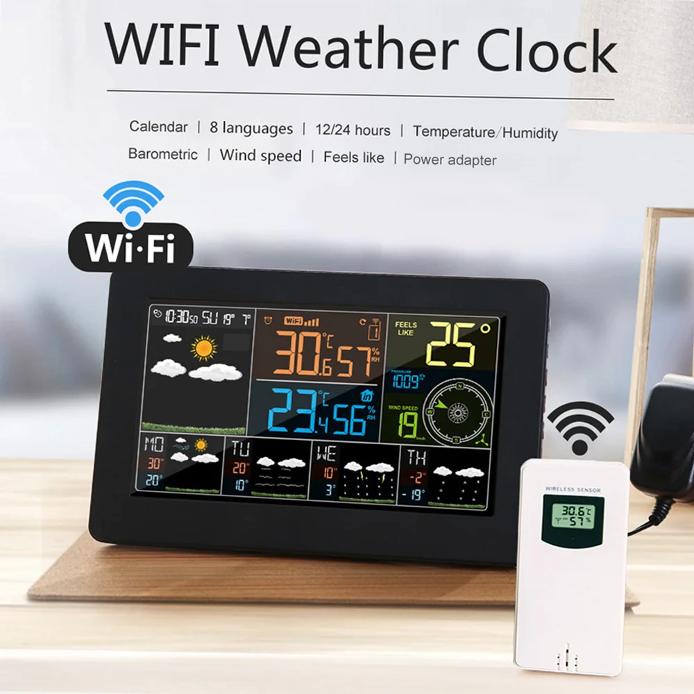 WiFi Smart Weather Station Indoor Outdoor Temperature Humidity Barometric Wind Speed Display APP Control Multifunctional Clock