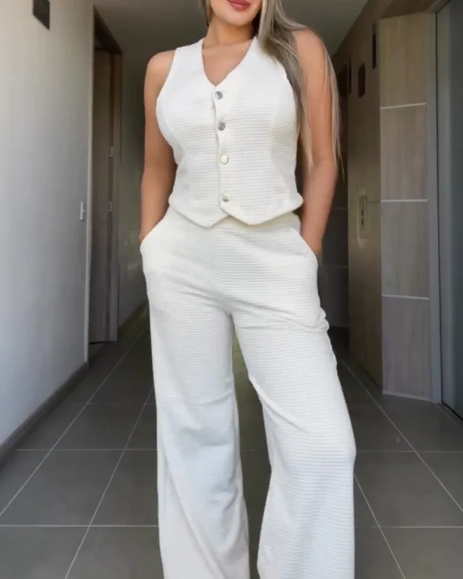

Women 2 Pieces Outfit Summer New Fashion Casual Suit Sets Women's Solid Textured Fabric V-Neck Button-Down Vest & Long Pants Set