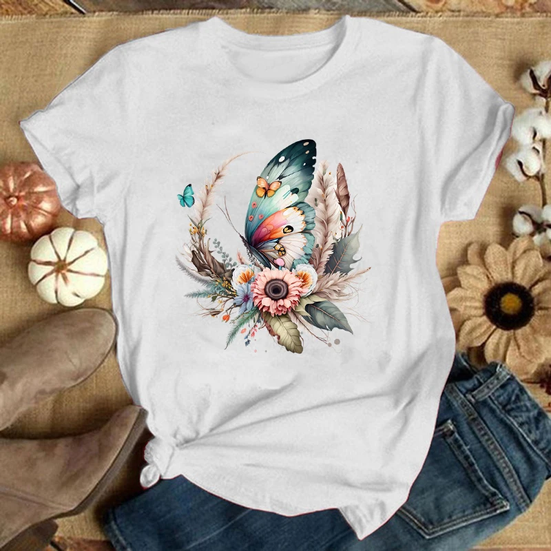 

Funny Flower Butterfly Printed Shirt Women'S Casual Personality T-Shirt Unisex Summer Cute Flower Butterfly T-Shirt Tops