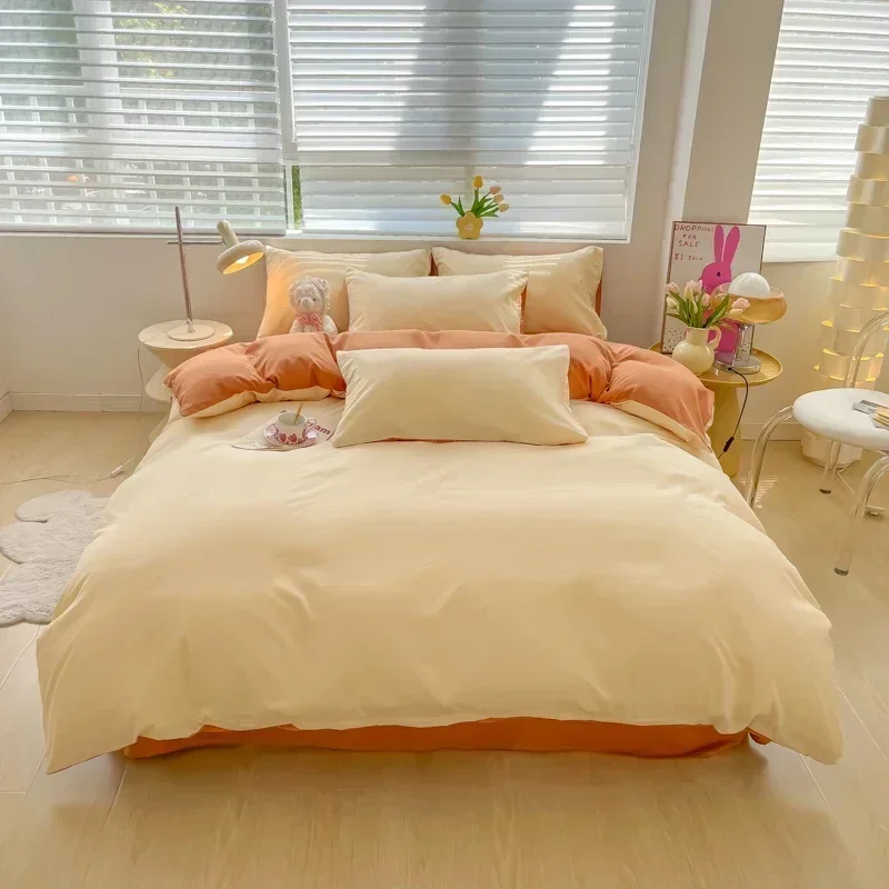 Beige Solid Color Duvet Cover Set Reversible Modern Minimalist Style Caramel Orange Bedding Set Soft Bed Comforter Covers 4pcs