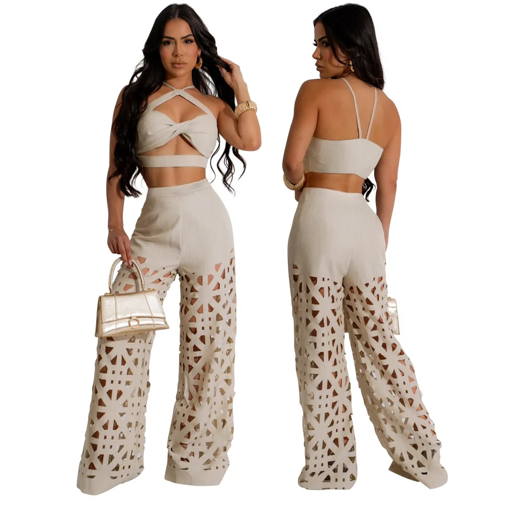 Soild Casual Set di due pezzi per le donne 2024 Summer Fashion Sexy Halter Camis Crop Top scava fuori pantaloni a gamba larga Streetwear