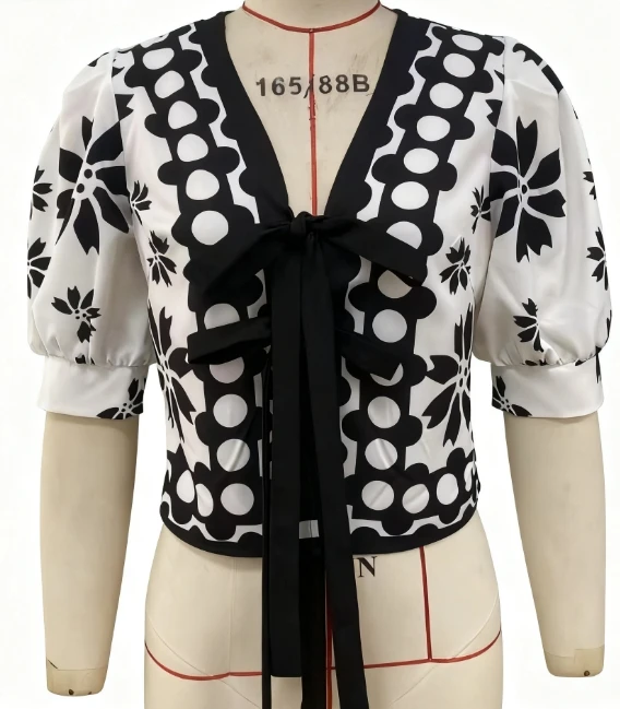 

Женская стильная блузка с V-образным вырезом и пышными рукавами-фонариками с цветочным принтом и геометрическим принтом, топ с бантом спереди